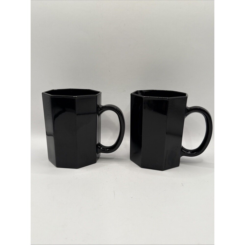 Arcoroc Octime Octagon BLACK GLASS COFFEE MUGS Made in France Set of 2